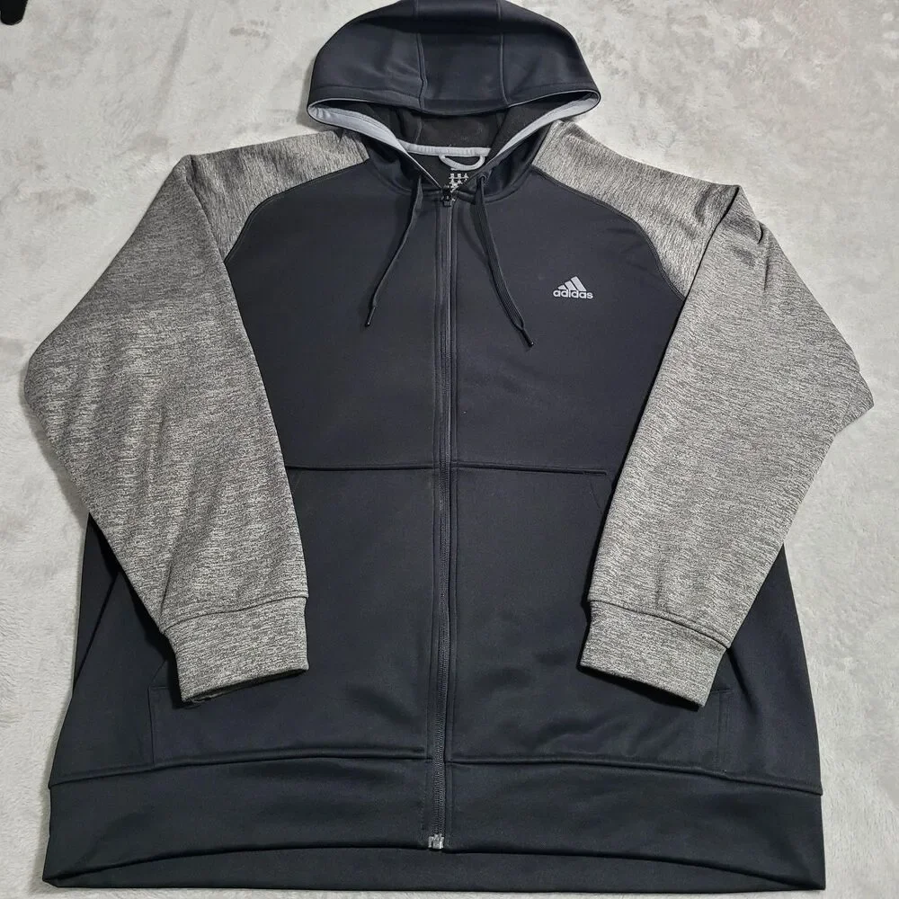 Adidas Hoodie Mens 2XL Black Gray ClimaWarm Full Zip Fleece Athletic Running